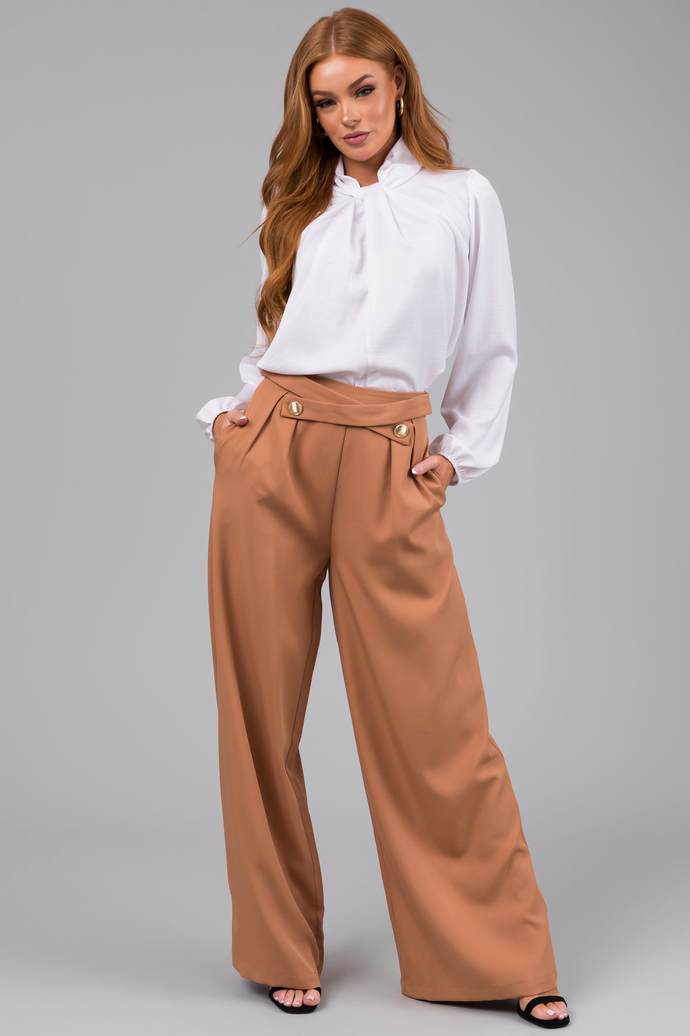 Sandstone Criss Cross Button Wide Leg Pants