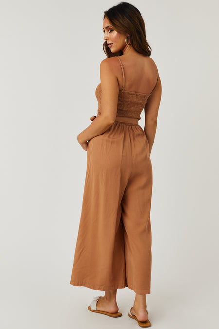 Sandstone Smocked Wide Leg Cropped Jumpsuit