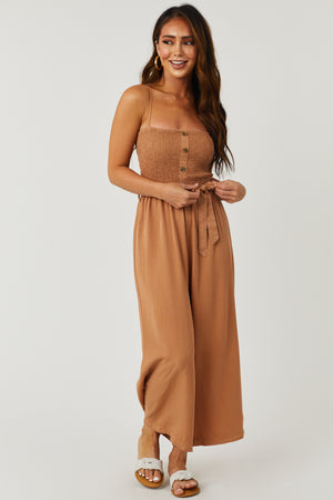 Sandstone Smocked Wide Leg Cropped Jumpsuit