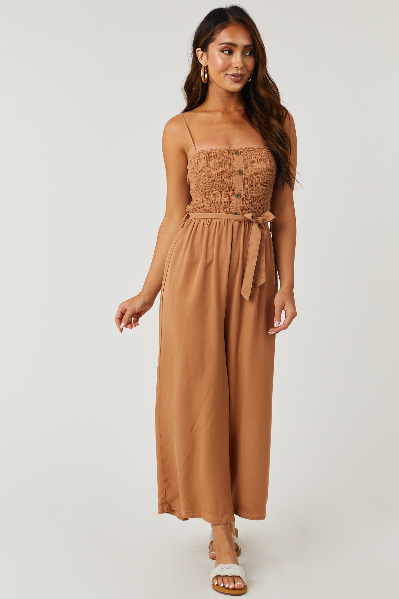 Sandstone Smocked Wide Leg Cropped Jumpsuit