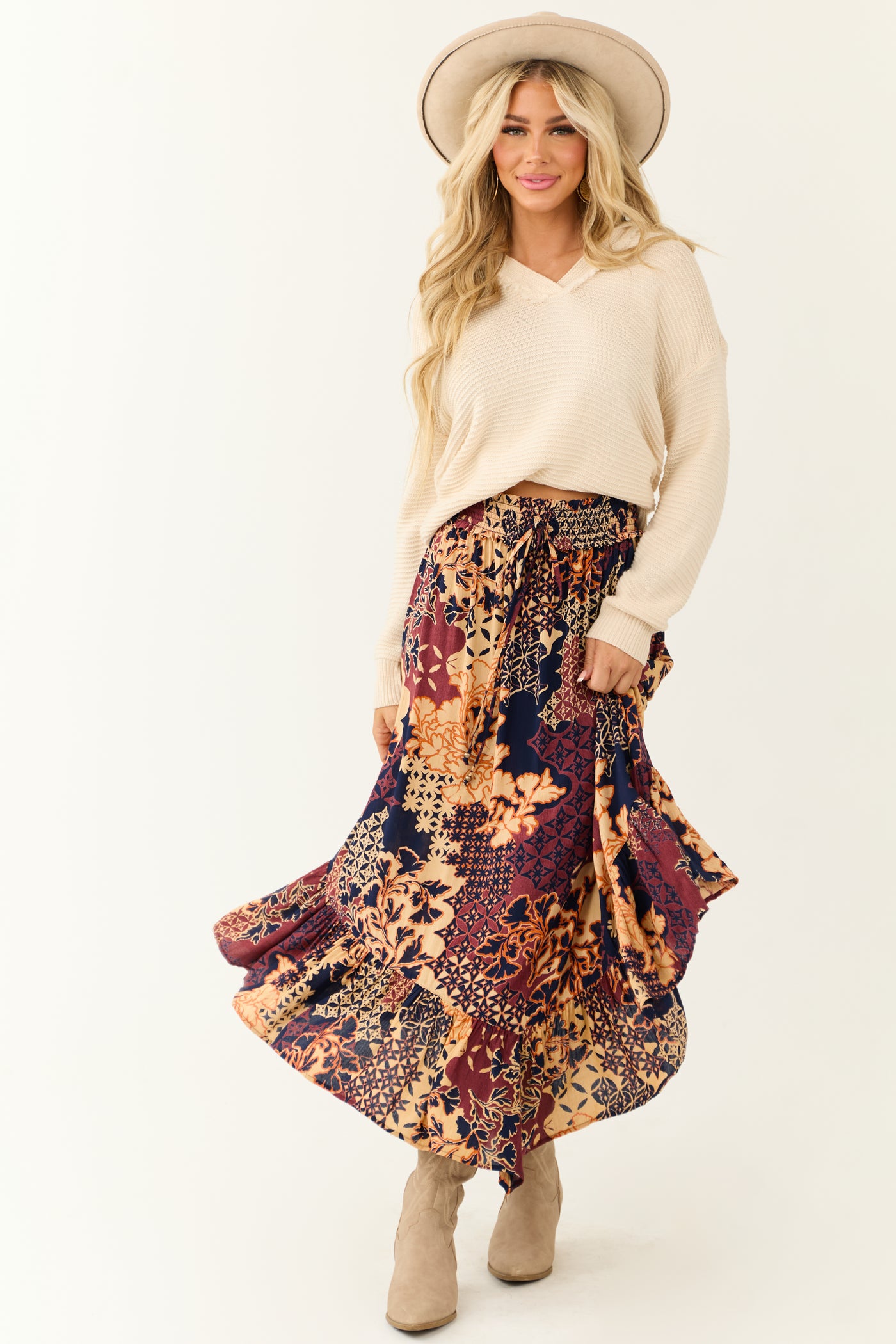 Sangria Abstract Floral Print Maxi Skirt