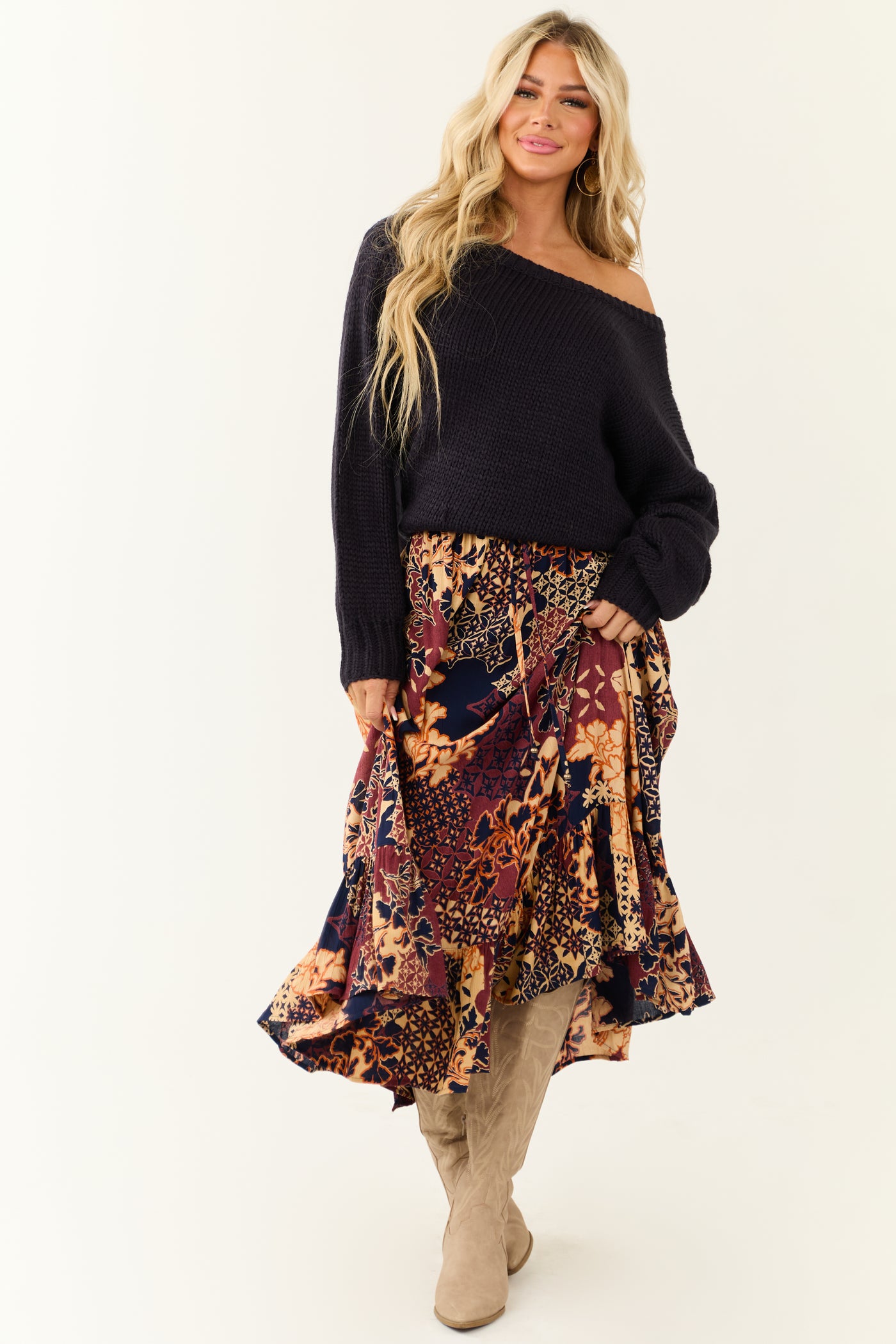 Sangria Abstract Floral Print Maxi Skirt