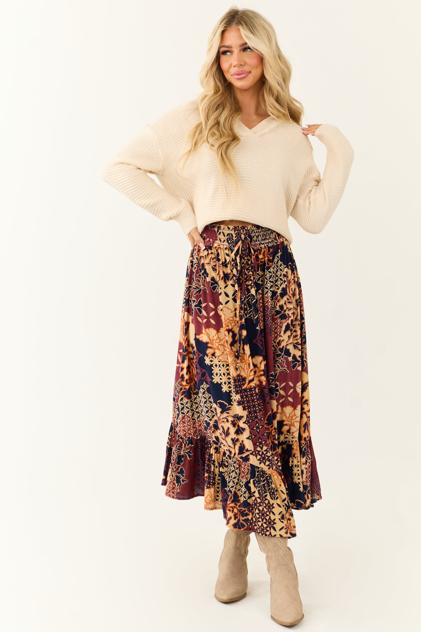 Sangria Abstract Floral Print Maxi Skirt