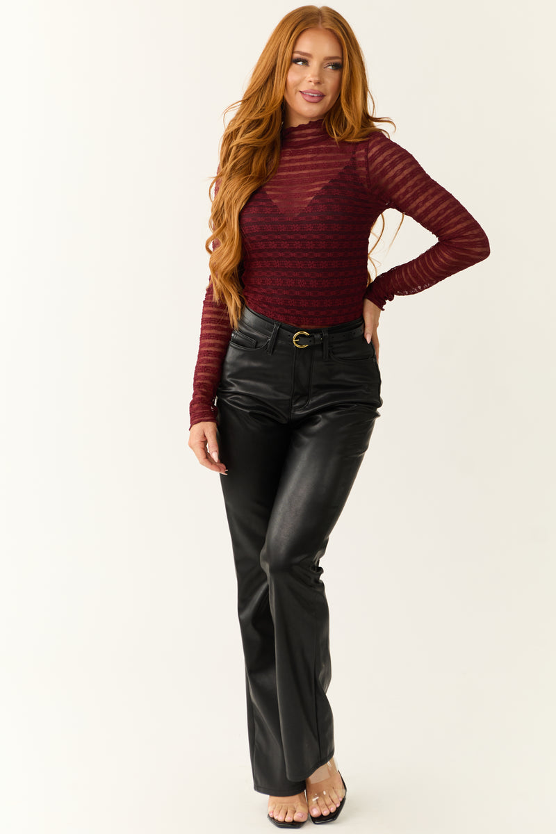 Sangria Sheer Lace Mock Neck Long Sleeve Top