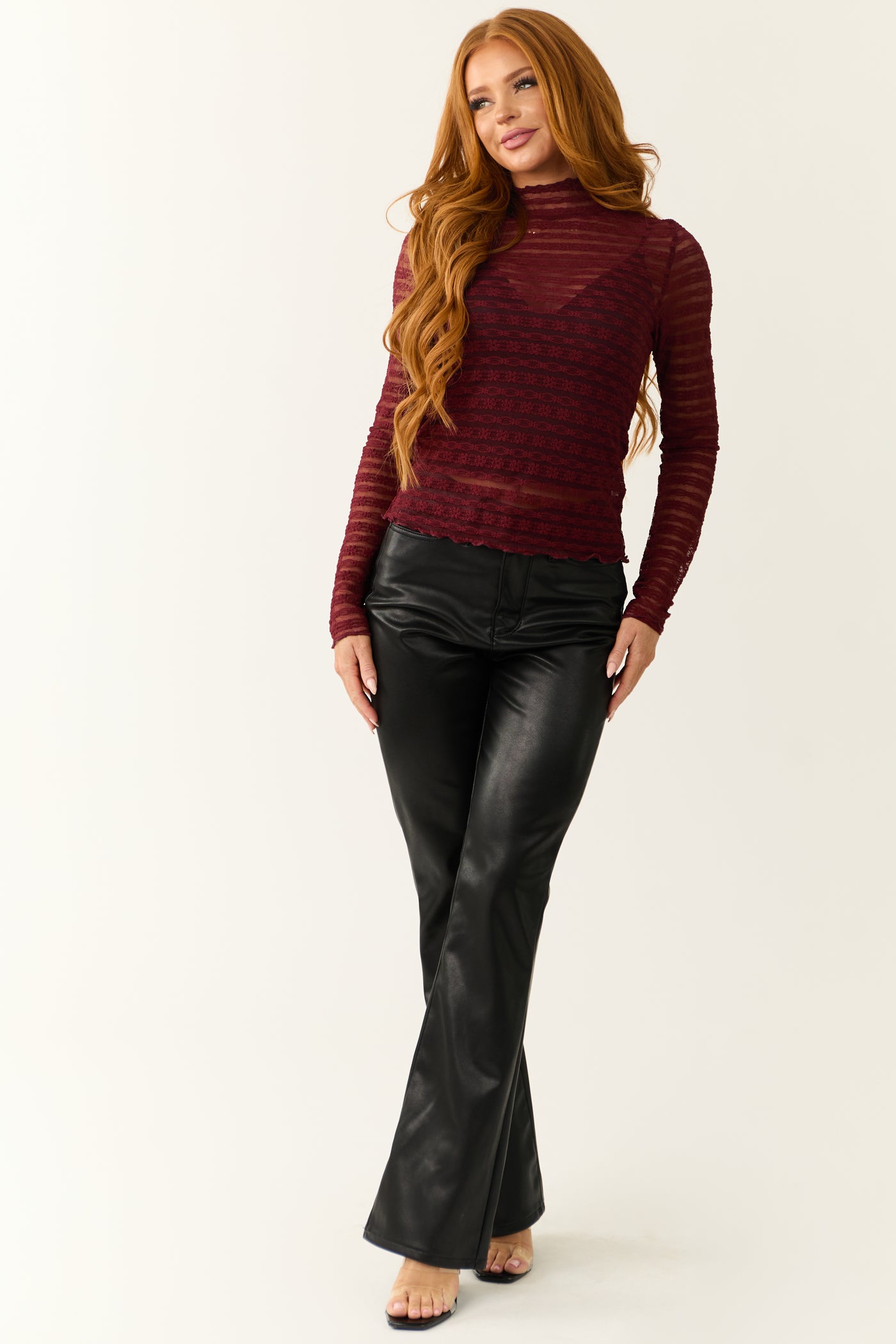 Sangria Sheer Lace Mock Neck Long Sleeve Top