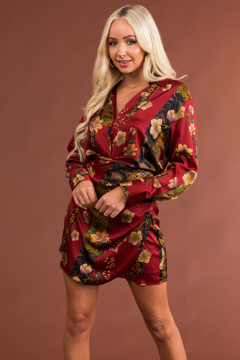 Sangria Silky Retro Floral Print Mini Dress