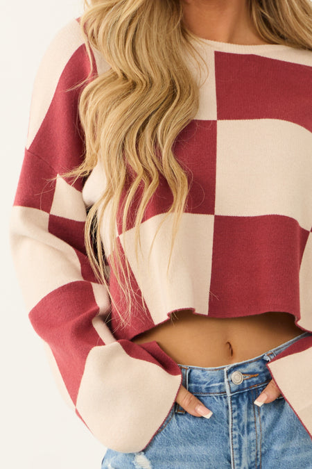 Sangria and Champagne Checkered Print Sweater