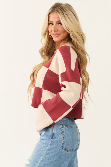 Sangria and Champagne Checkered Print Sweater