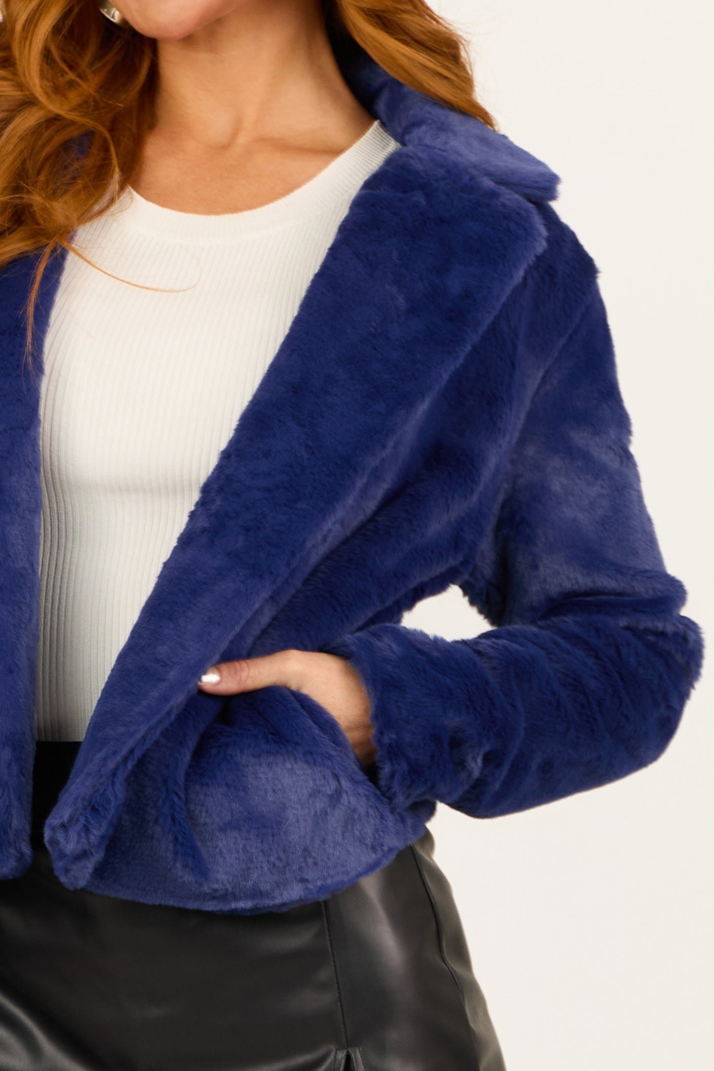 Sapphire Faux Fur Lapel Collar Open Front Jacket