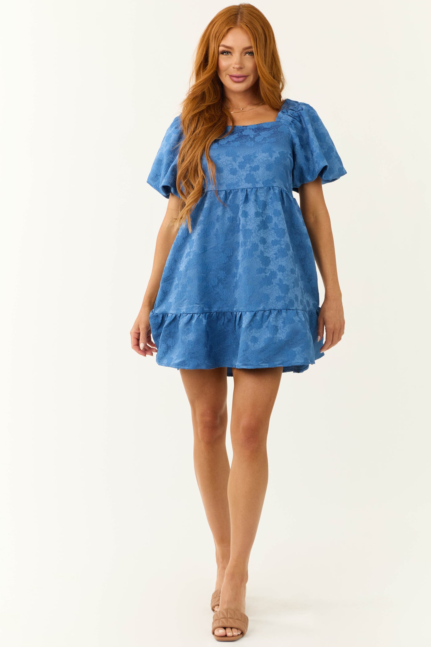 Sapphire Floral Jacquard Puff Sleeve Mini Dress