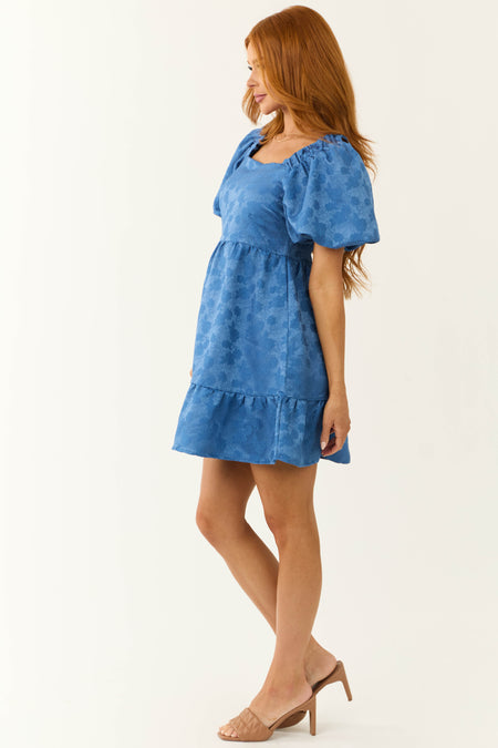 Sapphire Floral Jacquard Puff Sleeve Mini Dress