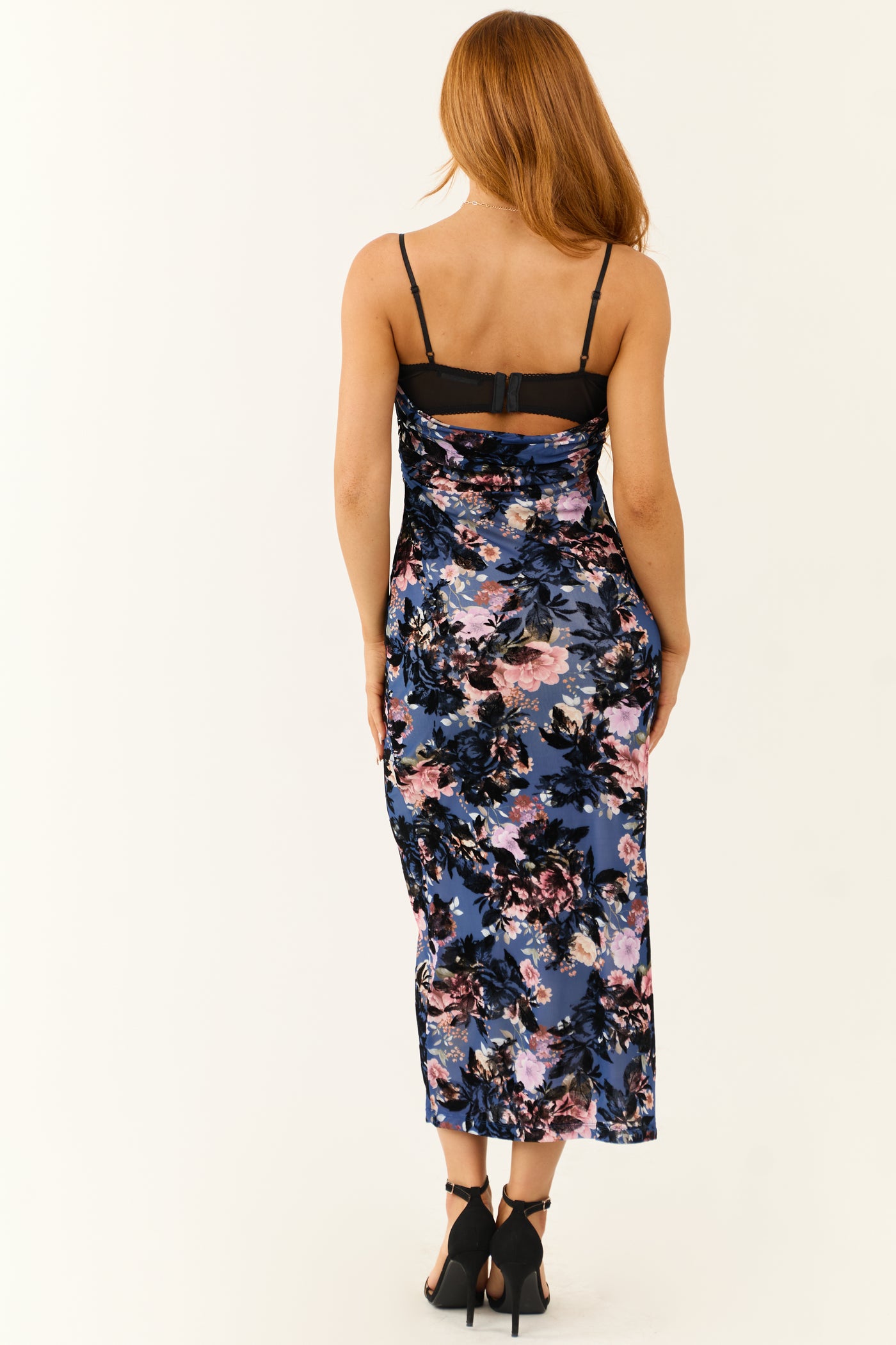 Sapphire Mesh Burnout Velvet Floral Midi Dress