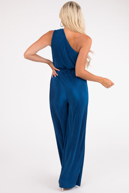 Sapphire Pleated One Shoulder Smocked Waist Jumpsuit