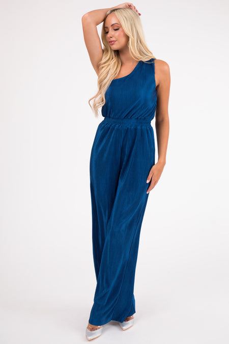 Sapphire Pleated One Shoulder Smocked Waist Jumpsuit