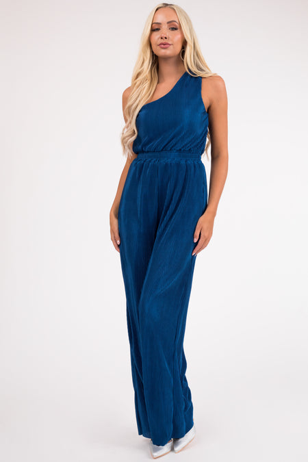 Sapphire Pleated One Shoulder Smocked Waist Jumpsuit