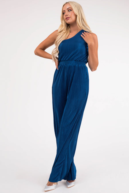 Sapphire Pleated One Shoulder Smocked Waist Jumpsuit