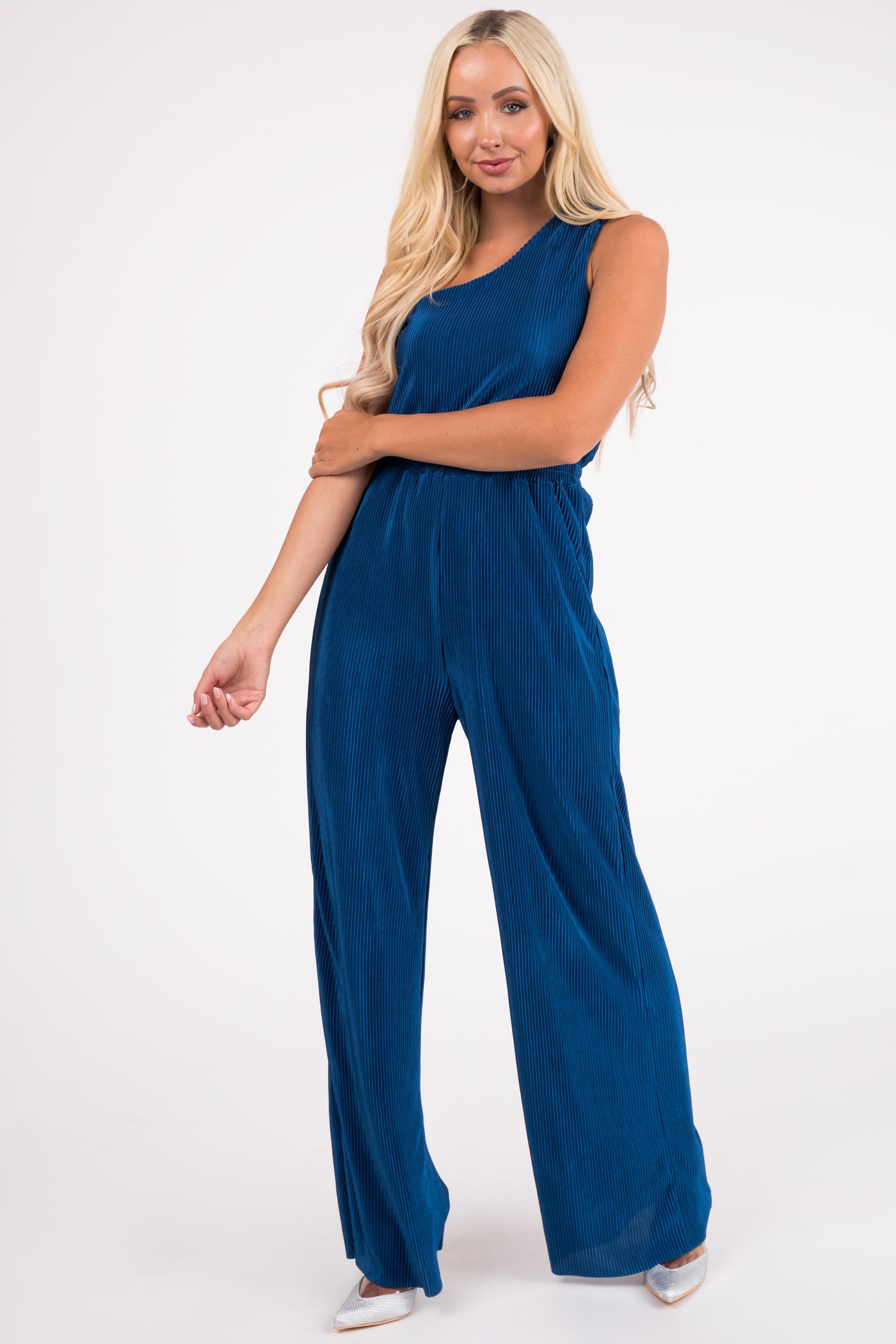 Sapphire Pleated One Shoulder Smocked Waist Jumpsuit