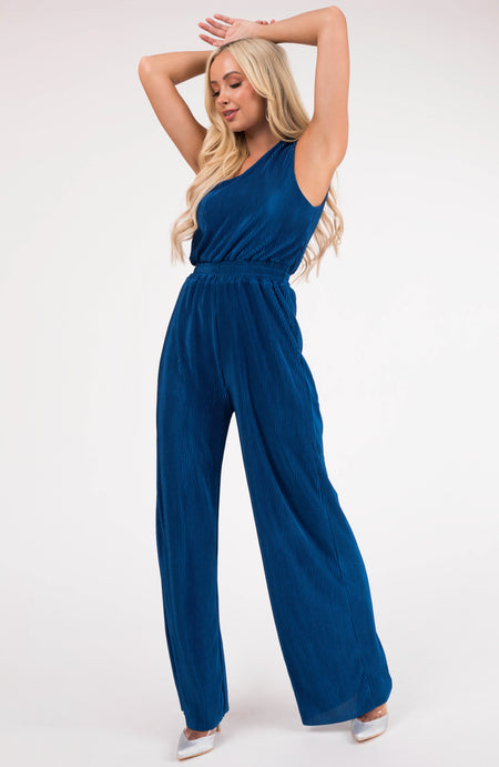 Sapphire Pleated One Shoulder Smocked Waist Jumpsuit