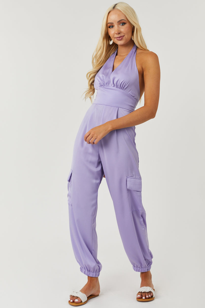 Satin Lavender Halter Neck Open Back Cargo Jumpsuit