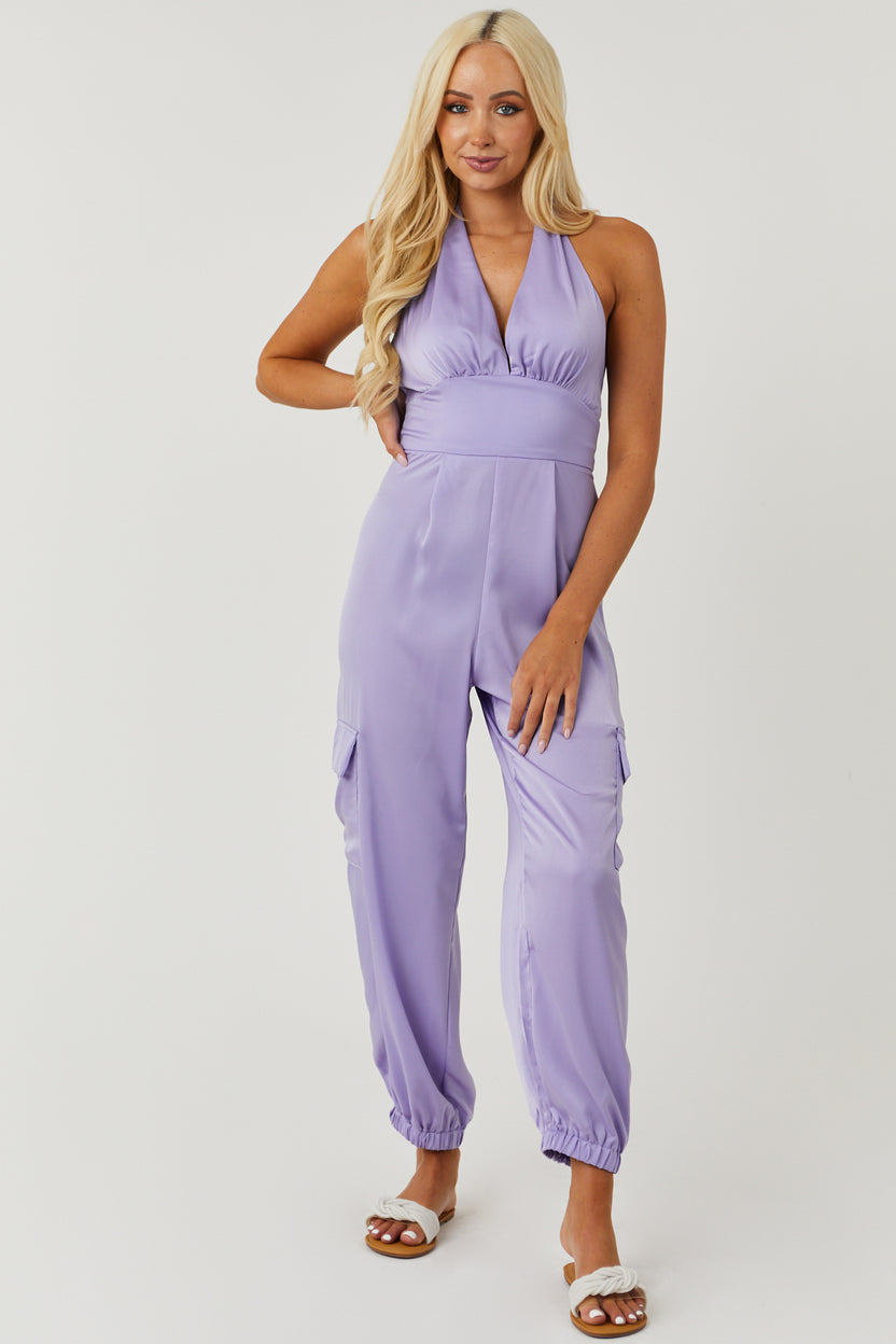 Satin Lavender Halter Neck Open Back Cargo Jumpsuit