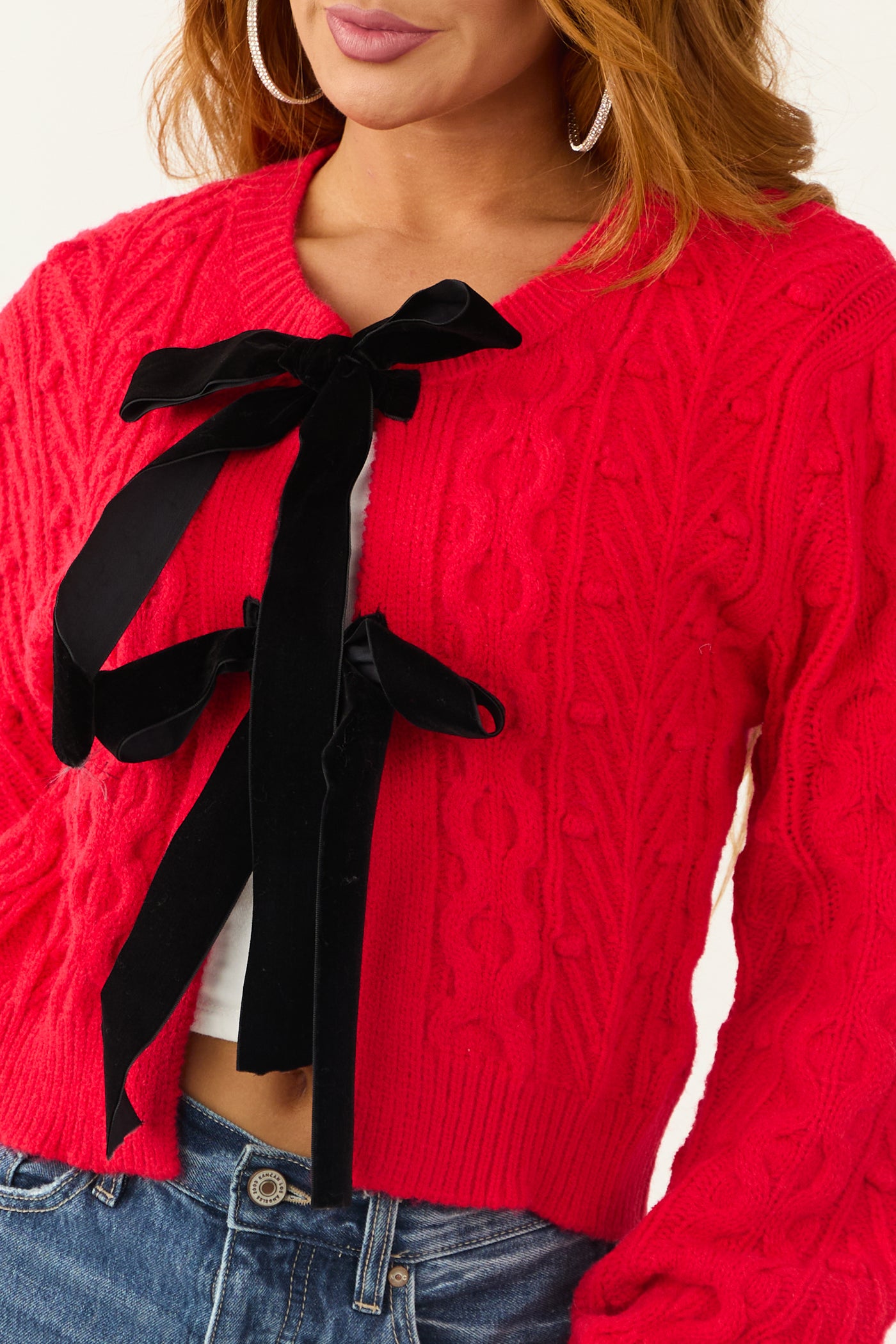 Scarlet Cable Knit Velvet Bow Tie Sweater Cardigan