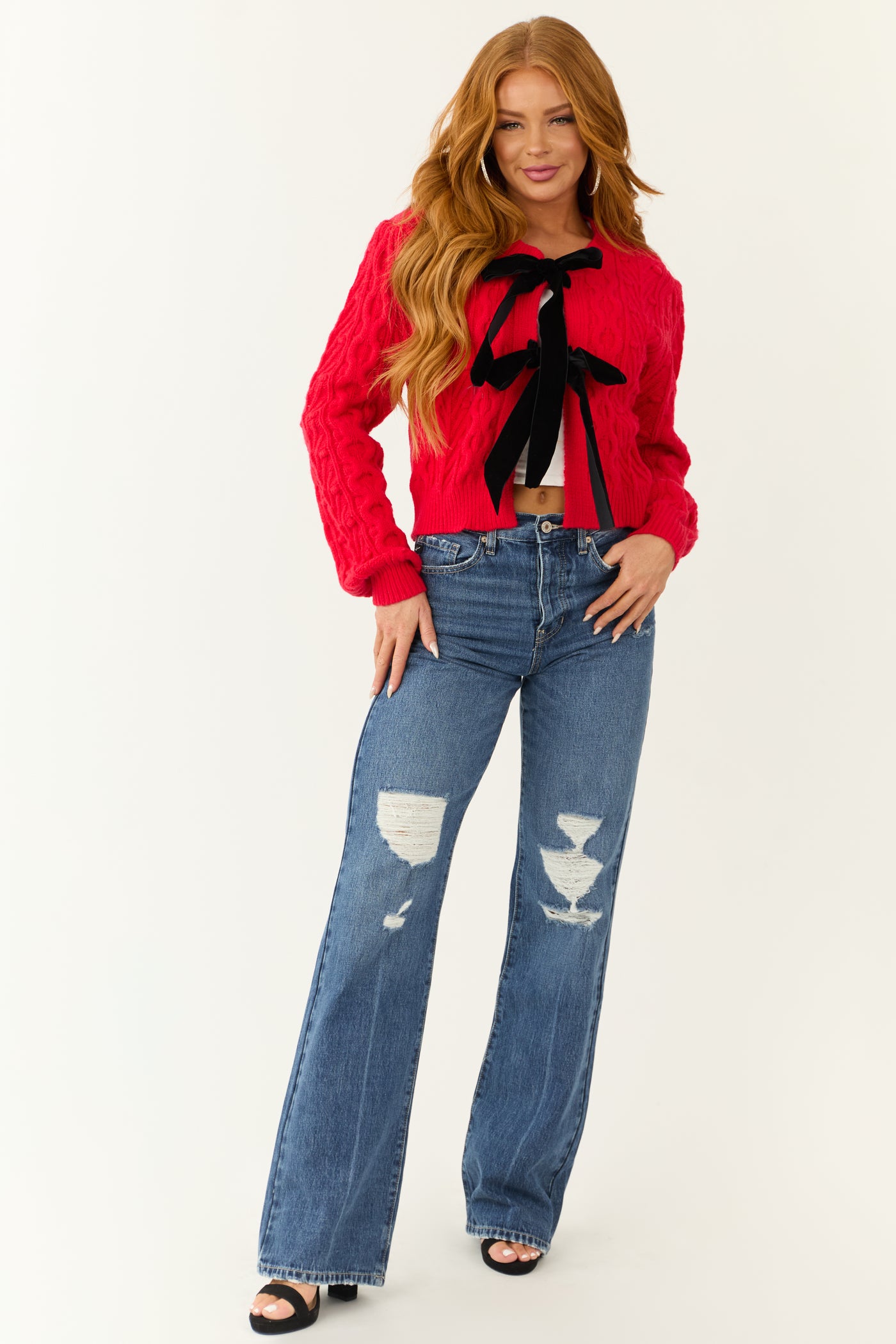 Scarlet Cable Knit Velvet Bow Tie Sweater Cardigan