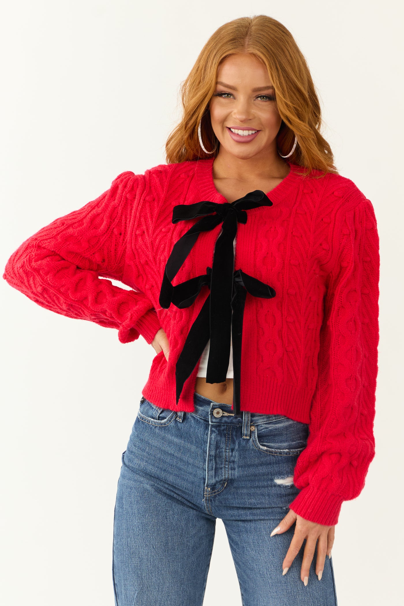 Scarlet Cable Knit Velvet Bow Tie Sweater Cardigan