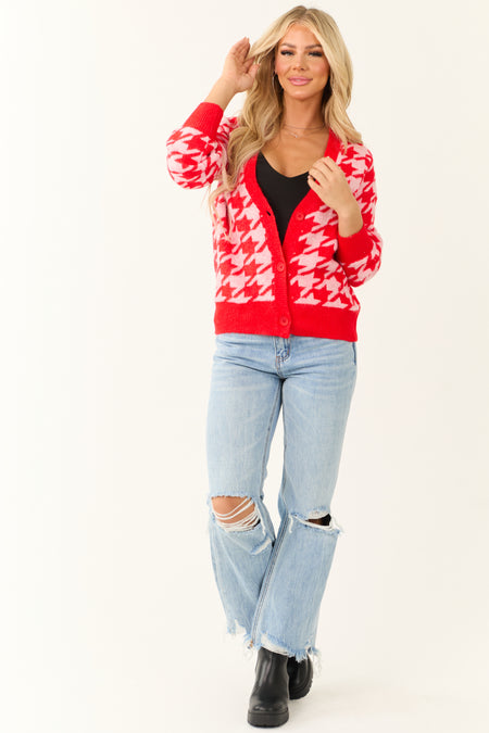 Scarlet Houndstooth Button Down Cardigan