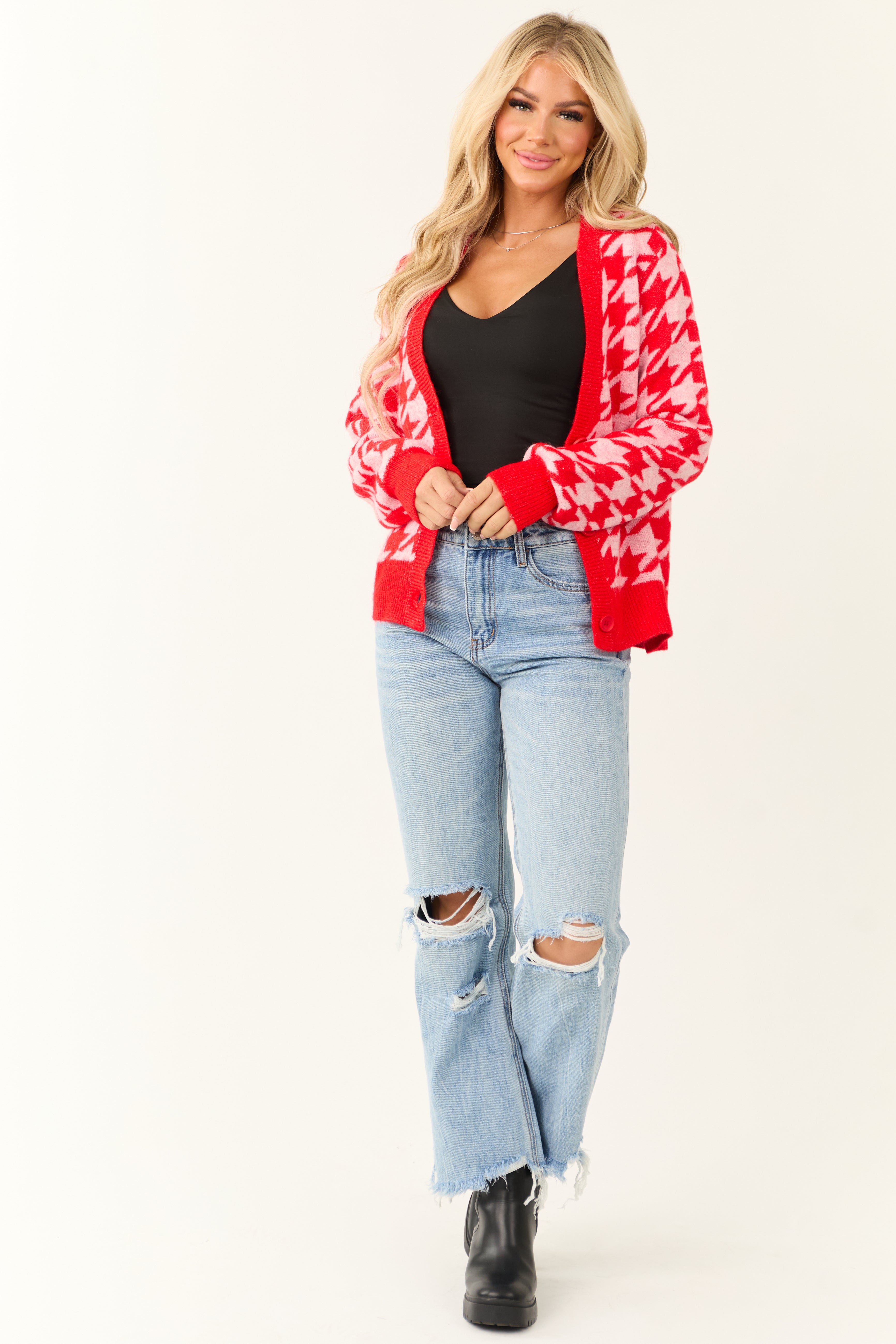 Scarlet Houndstooth Button Down Cardigan