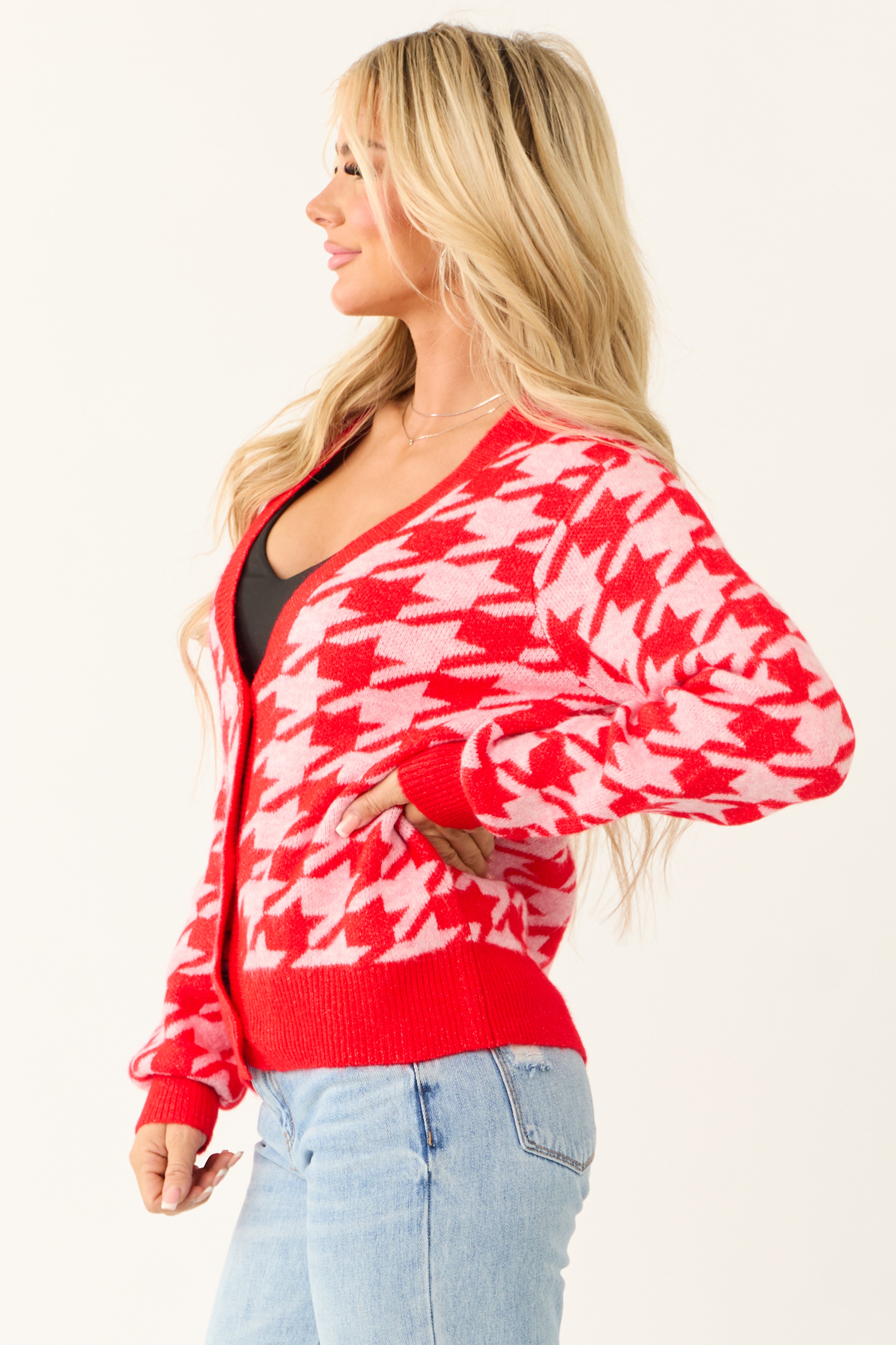 Scarlet Houndstooth Button Down Cardigan