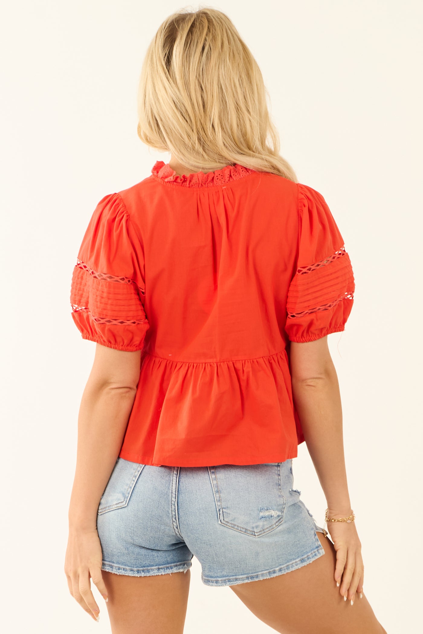 Scarlet Lace Trim Frill Neckline Peplum Blouse