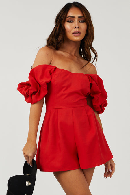 Scarlet Pleated Off the Shoulder Woven Romper