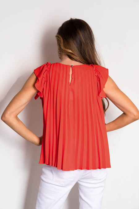 Scarlet Pleated Ruffle Short Sleeve Woven Top