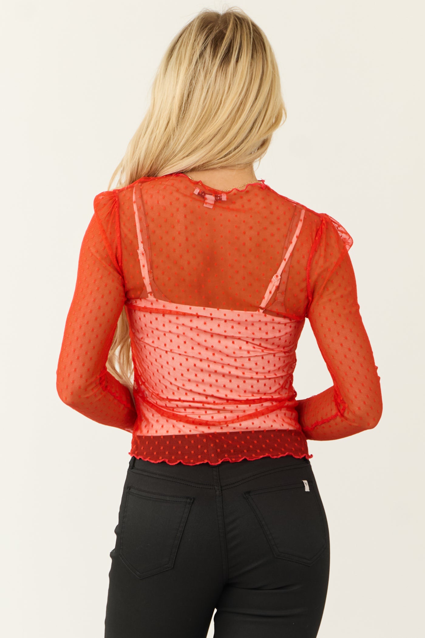 Scarlet Red Swiss Dot Long Sleeve Mesh Knit Top