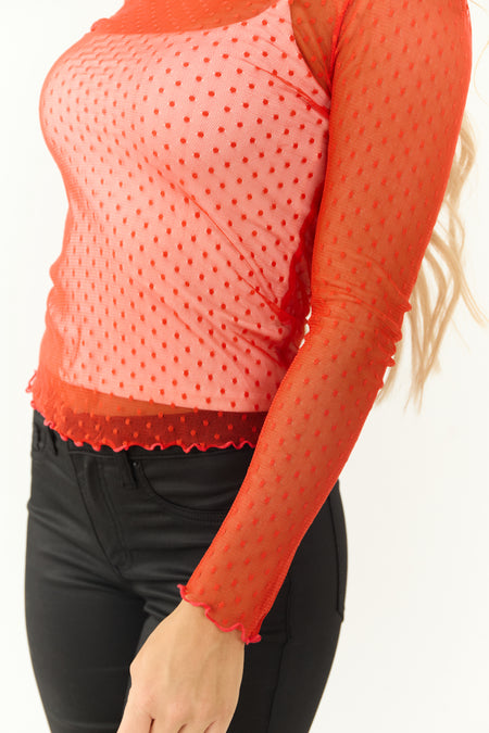 Scarlet Red Swiss Dot Long Sleeve Mesh Knit Top