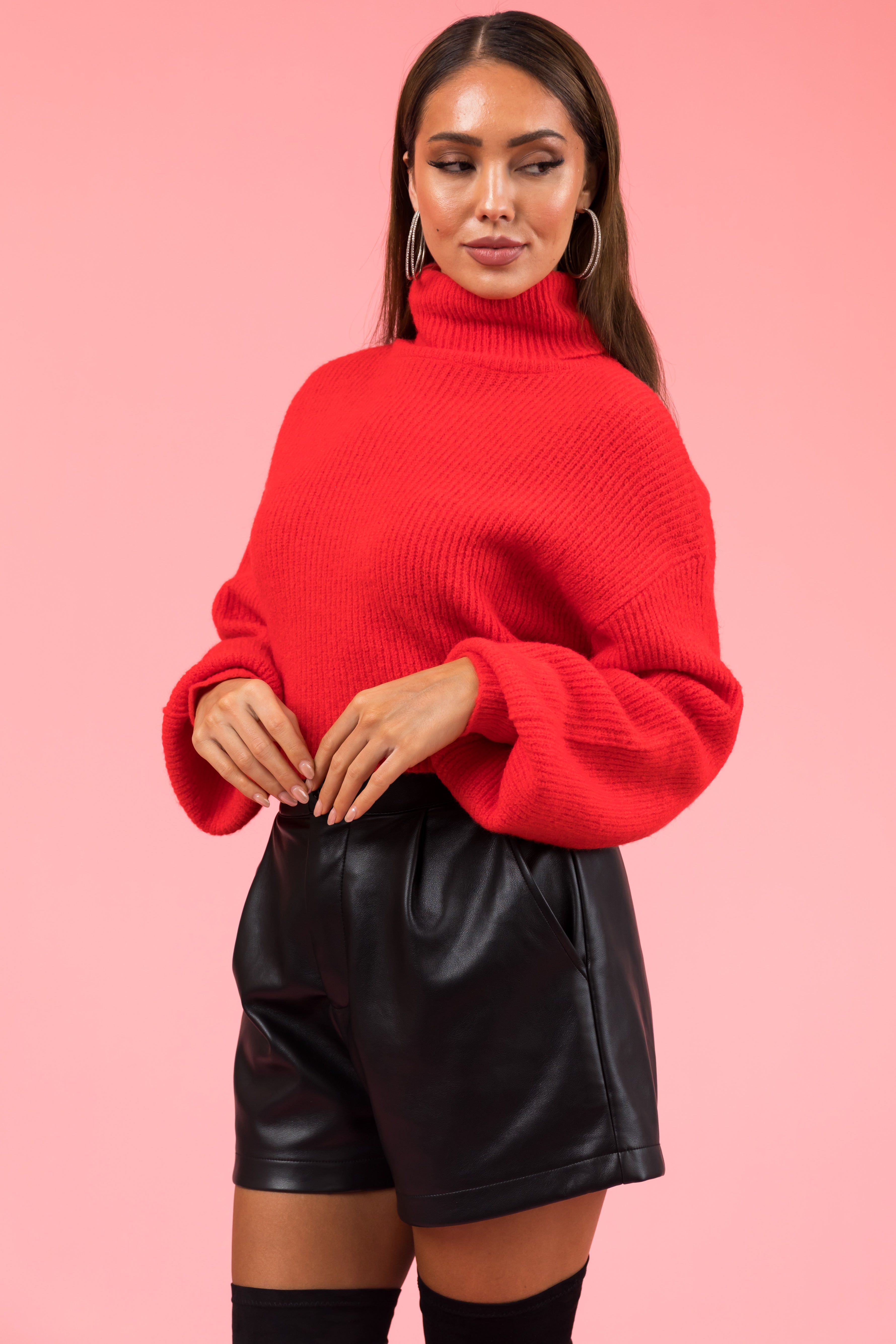 Scarlet Turtleneck Cropped Bubble Sleeve Sweater