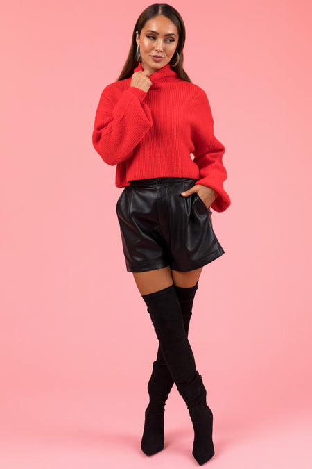 Scarlet Turtleneck Cropped Bubble Sleeve Sweater