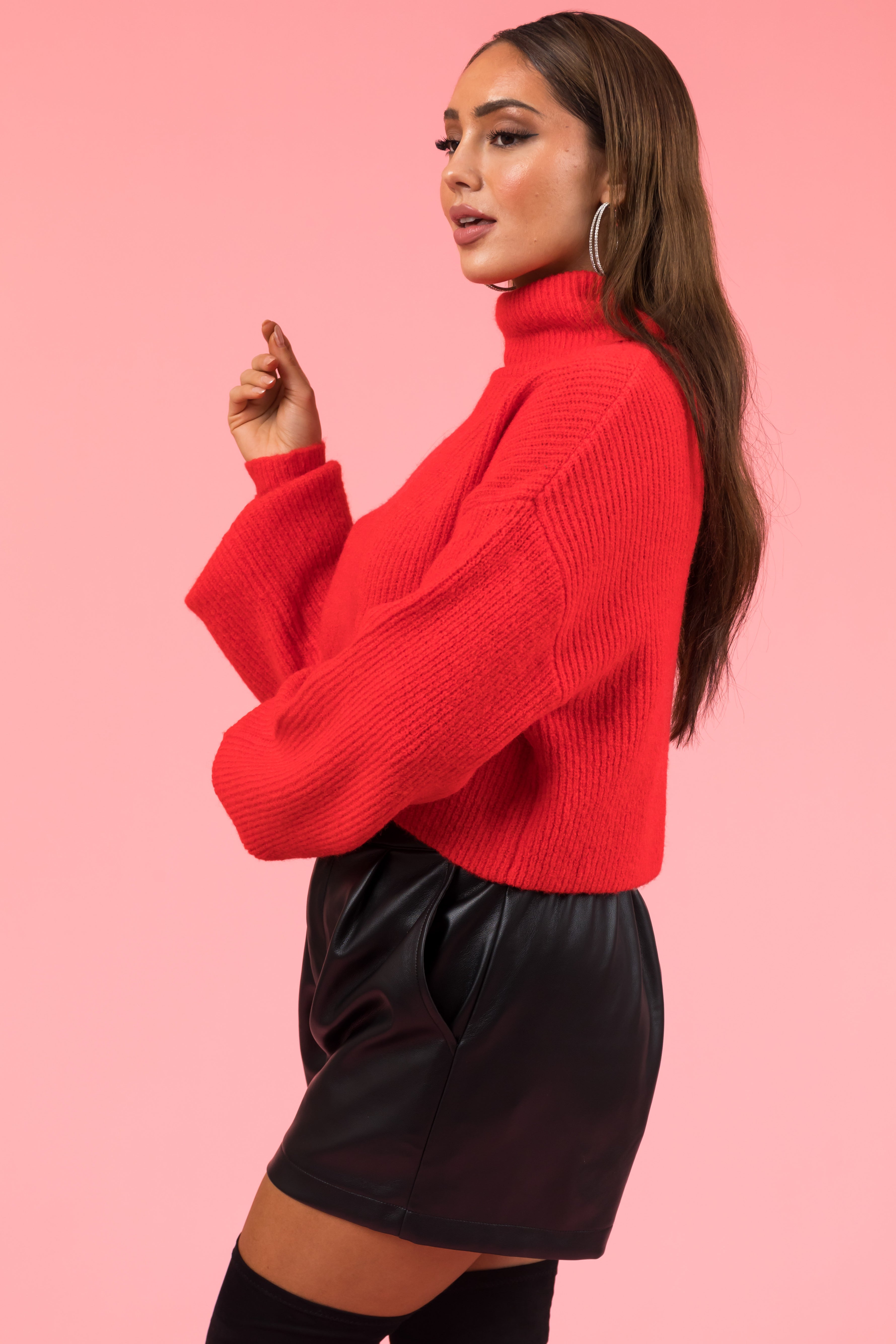 Scarlet Turtleneck Cropped Bubble Sleeve Sweater