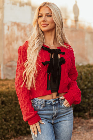 Scarlet Cable Knit Velvet Bow Tie Sweater Cardigan