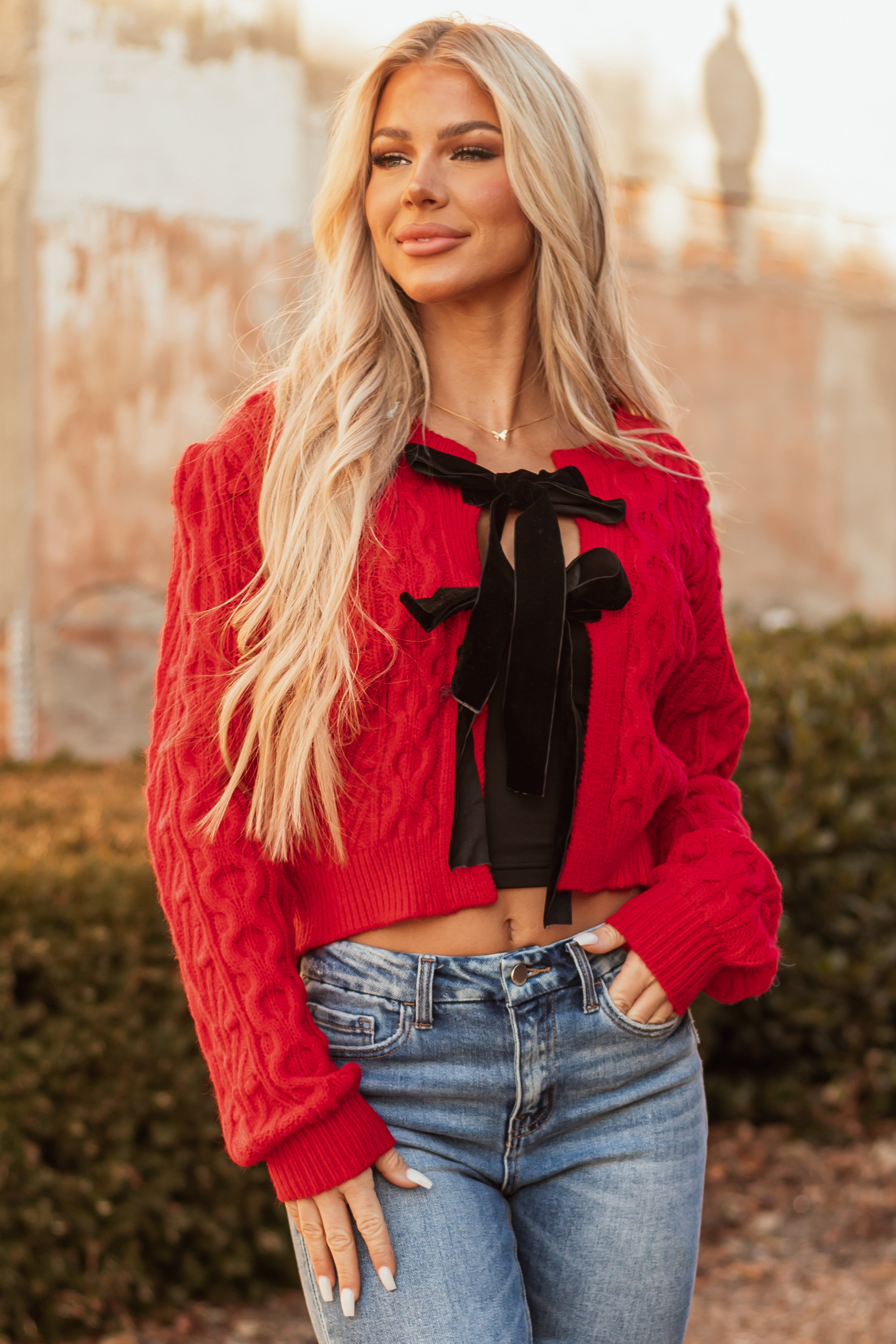 Scarlet Cable Knit Velvet Bow Tie Sweater Cardigan