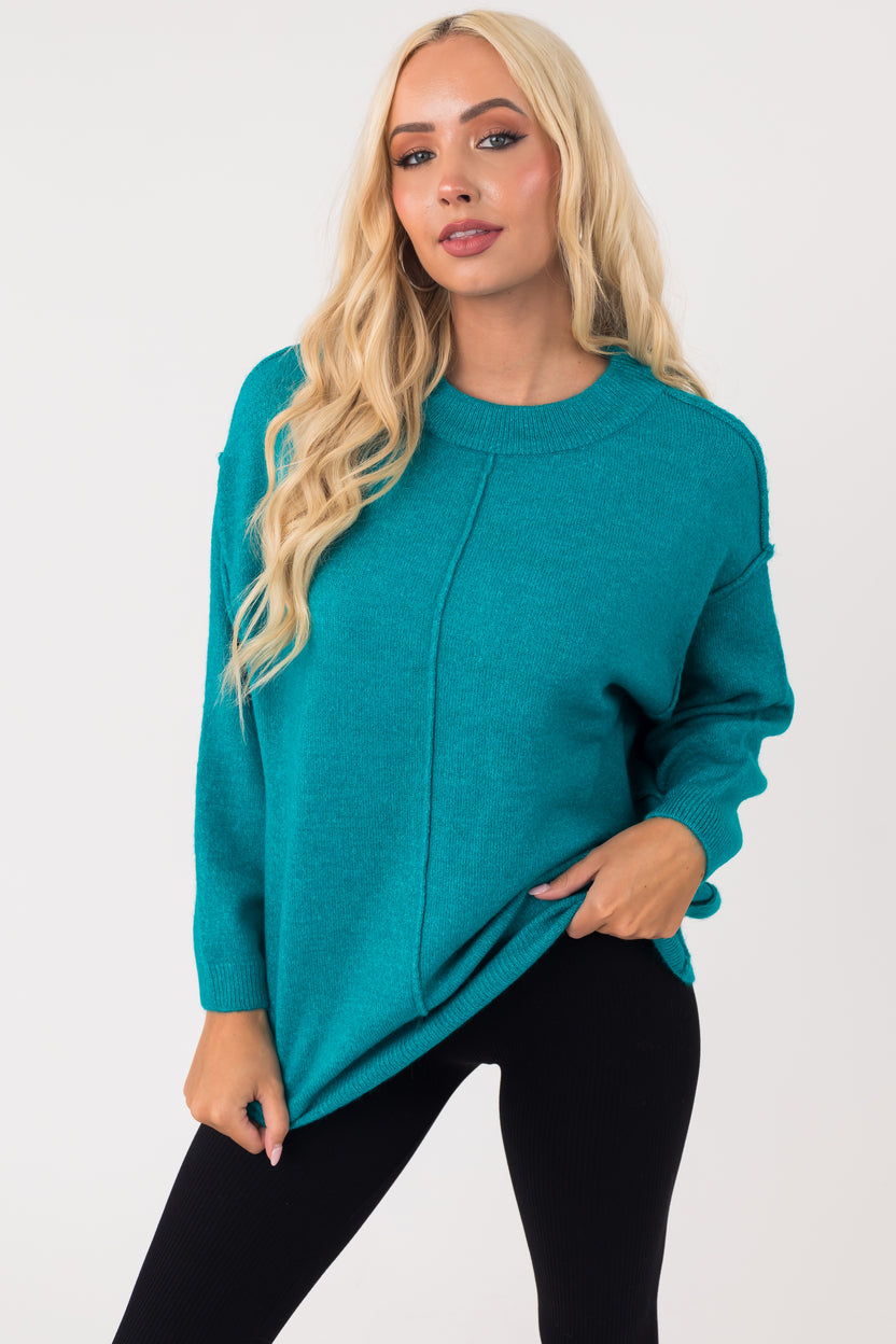 Sea Blue Exposed Seam Drop Shoulder Sweater