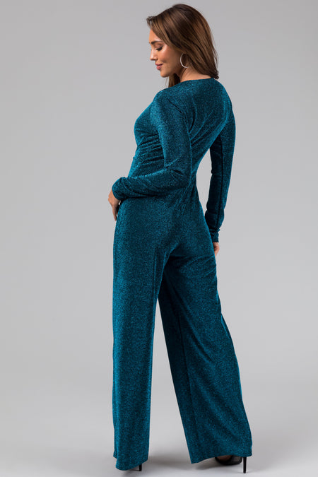 Sea Blue Metallic Long Sleeve V Neck Jumpsuit