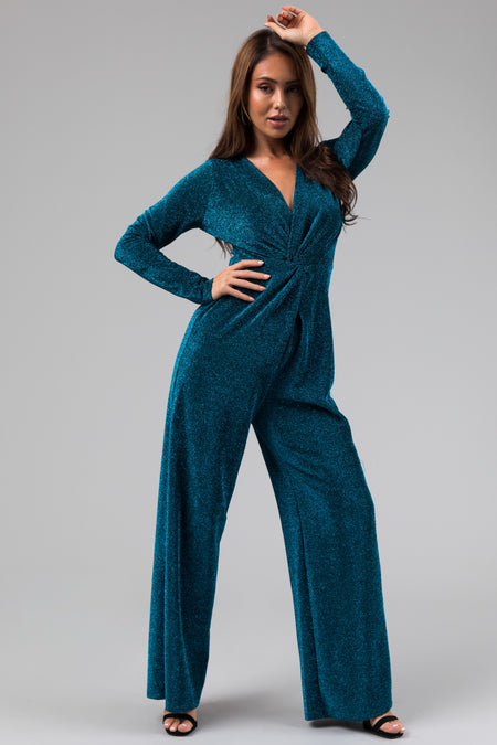 Sea Blue Metallic Long Sleeve V Neck Jumpsuit