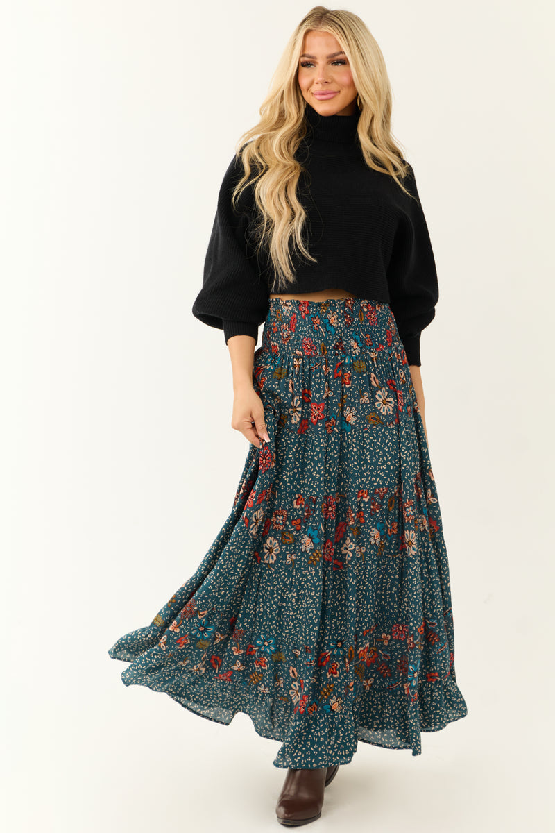 Sea Blue Multiprint Tiered Maxi Skirt