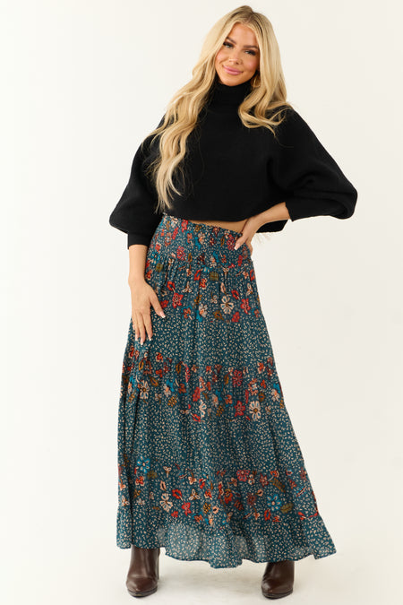 Sea Blue Multiprint Tiered Maxi Skirt