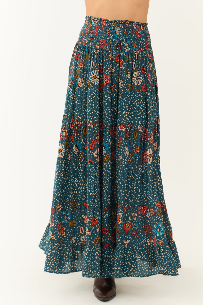 Sea Blue Multiprint Tiered Maxi Skirt