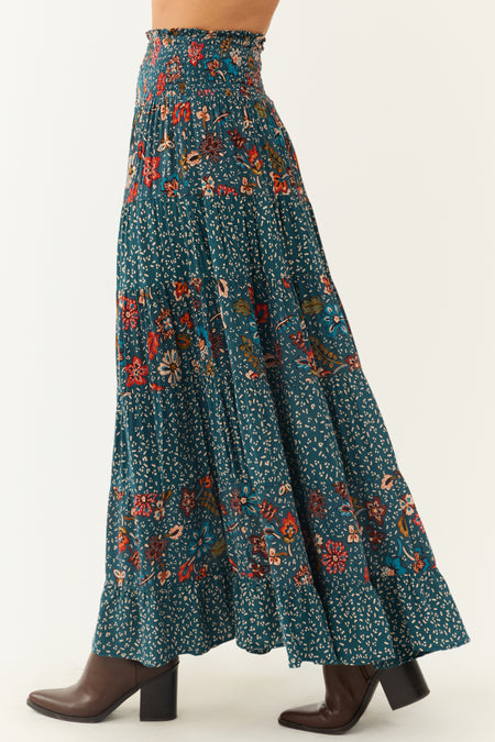 Sea Blue Multiprint Tiered Maxi Skirt