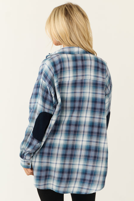 Sea Blue Plaid Button Down Elbow Patch Tops