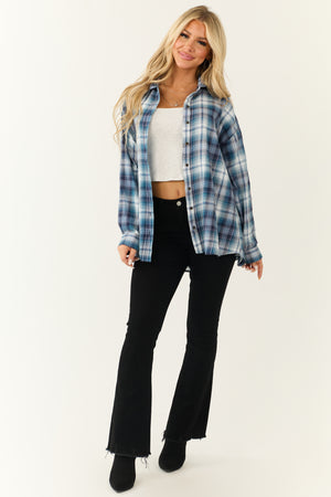 Sea Blue Plaid Button Down Elbow Patch Tops