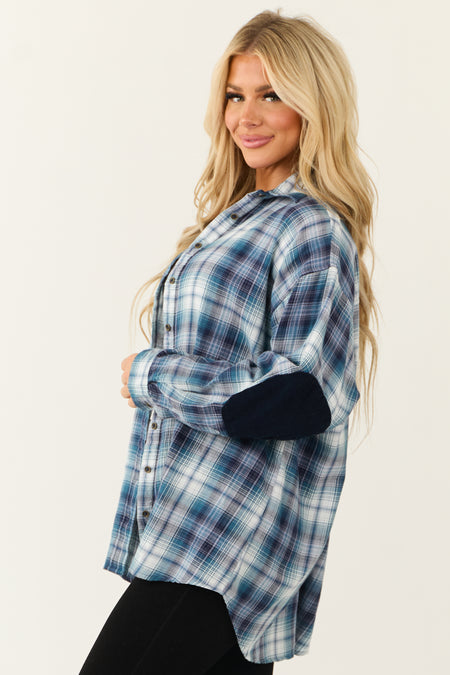 Sea Blue Plaid Button Down Elbow Patch Tops